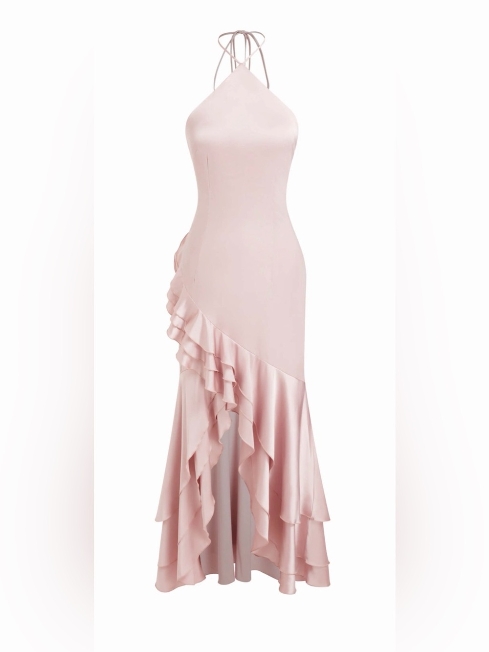 Cider Blush Pink Satin Halter Maxi Dress with Ruffle Cascade
